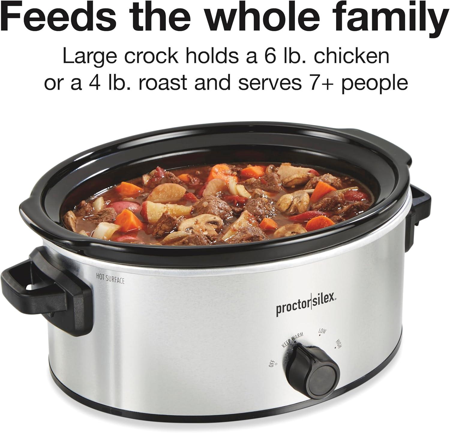 imageProctor Silex Double Dish Slow Cooker with 6qt Crock and Dual 25qt Nonstick Insert to Cook Two Meals at Once Dishwasher Safe Pot amp Lid Silver 33563