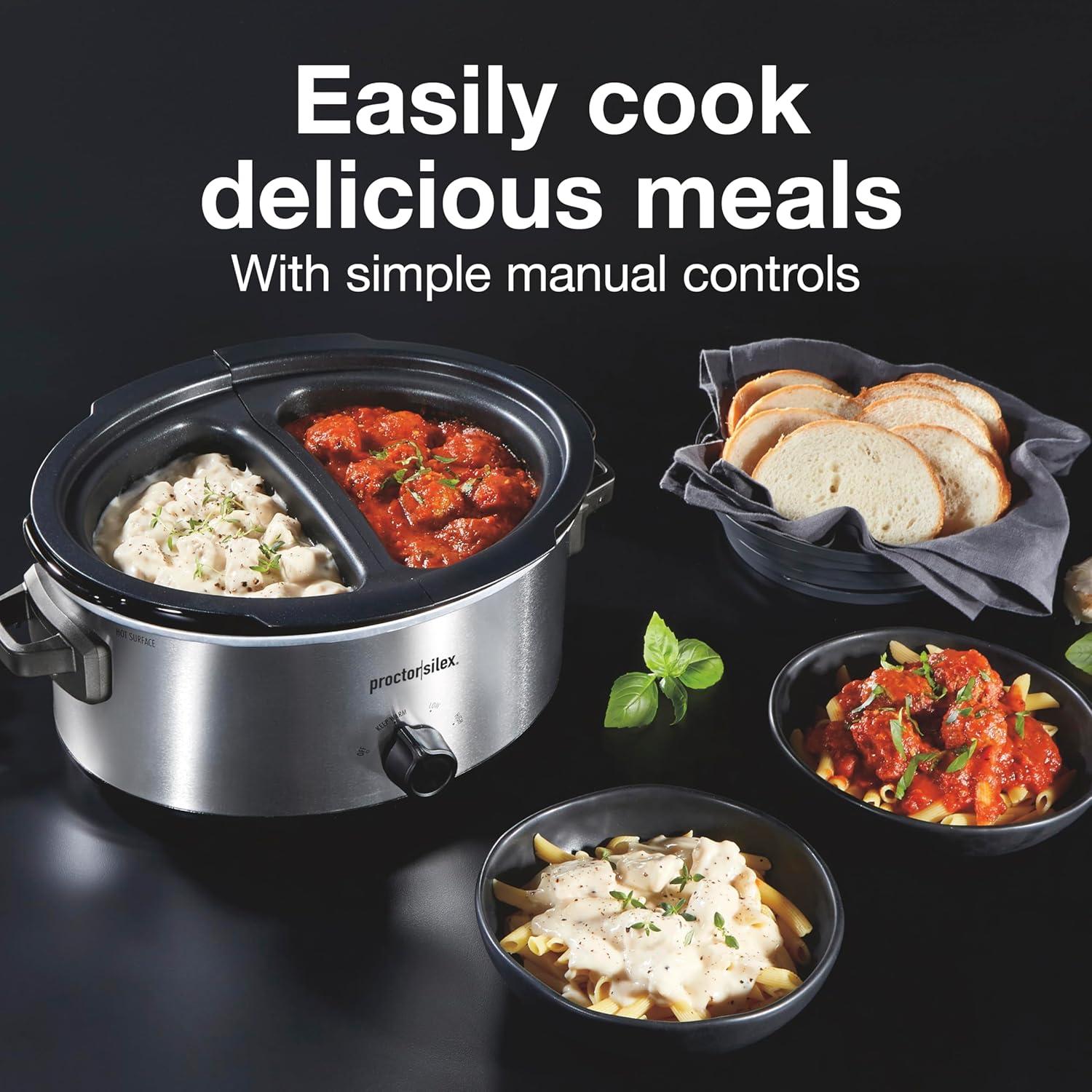 imageProctor Silex Double Dish Slow Cooker with 6qt Crock and Dual 25qt Nonstick Insert to Cook Two Meals at Once Dishwasher Safe Pot amp Lid Silver 33563
