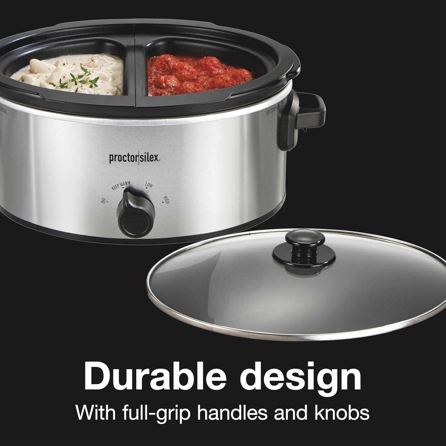 imageProctor Silex Double Dish Slow Cooker with 6qt Crock and Dual 25qt Nonstick Insert to Cook Two Meals at Once Dishwasher Safe Pot amp Lid Silver 33563