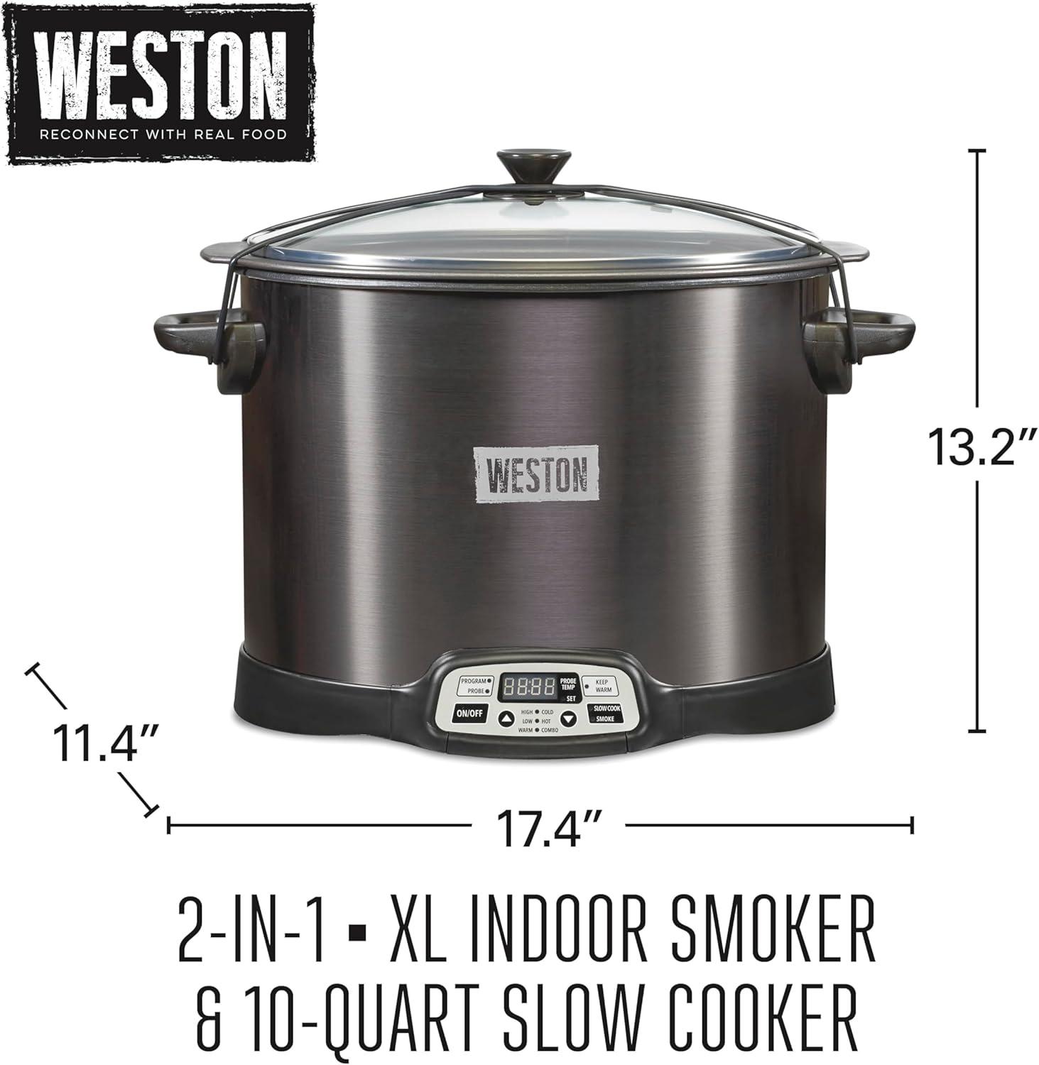 imageWESTON 2in1 Programmable Slow Cooker amp Electric Indoor Smoker 6 Quart 3Tier Smoking Rack for Meat Cheese and More Dishwasher Safe Crock Temperature Probe Includes 16 oz Party Dipper BlackBlack No Party Dipper