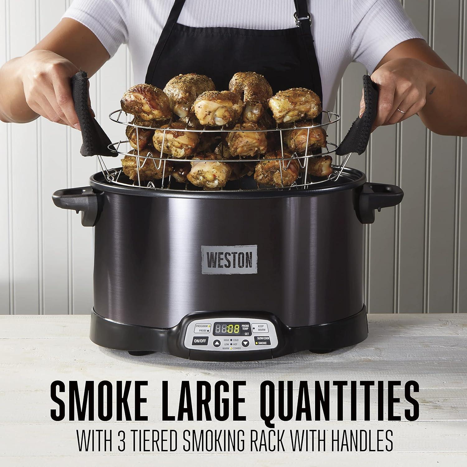 imageWESTON 2in1 Programmable Slow Cooker amp Electric Indoor Smoker 6 Quart 3Tier Smoking Rack for Meat Cheese and More Dishwasher Safe Crock Temperature Probe Includes 16 oz Party Dipper BlackBlack No Party Dipper