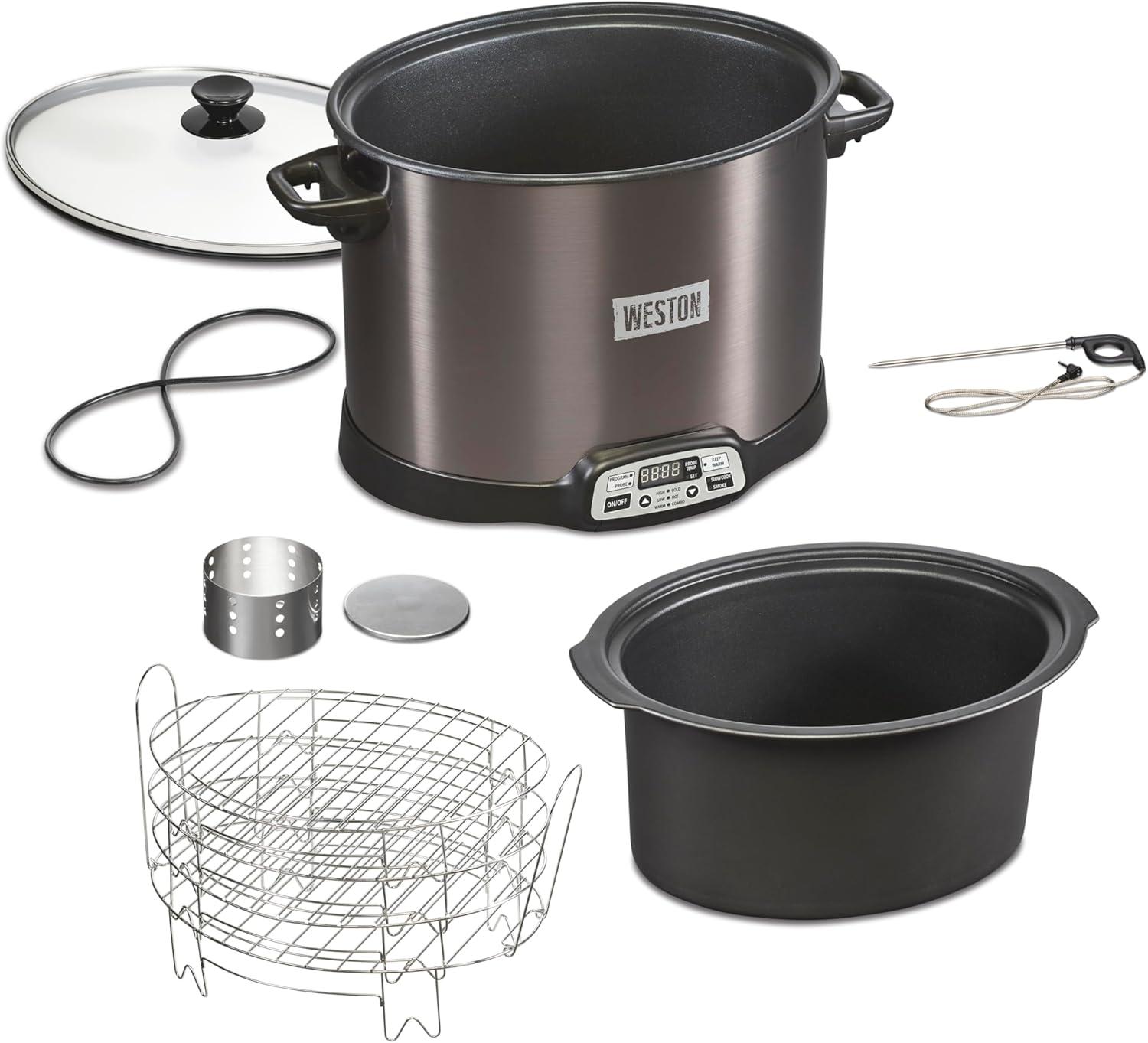 imageWESTON 2in1 Programmable Slow Cooker amp Electric Indoor Smoker 6 Quart 3Tier Smoking Rack for Meat Cheese and More Dishwasher Safe Crock Temperature Probe Includes 16 oz Party Dipper BlackBlack No Party Dipper