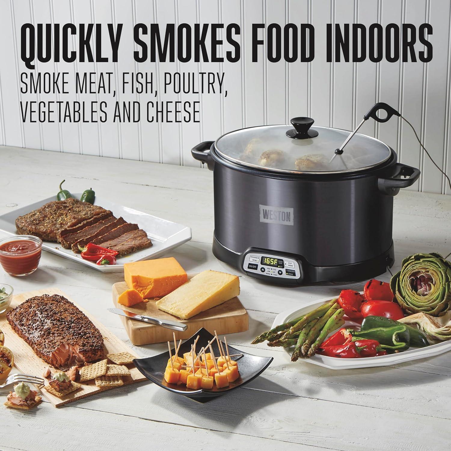imageWESTON 2in1 Programmable Slow Cooker amp Electric Indoor Smoker 6 Quart 3Tier Smoking Rack for Meat Cheese and More Dishwasher Safe Crock Temperature Probe Includes 16 oz Party Dipper BlackBlack With Party Dipper