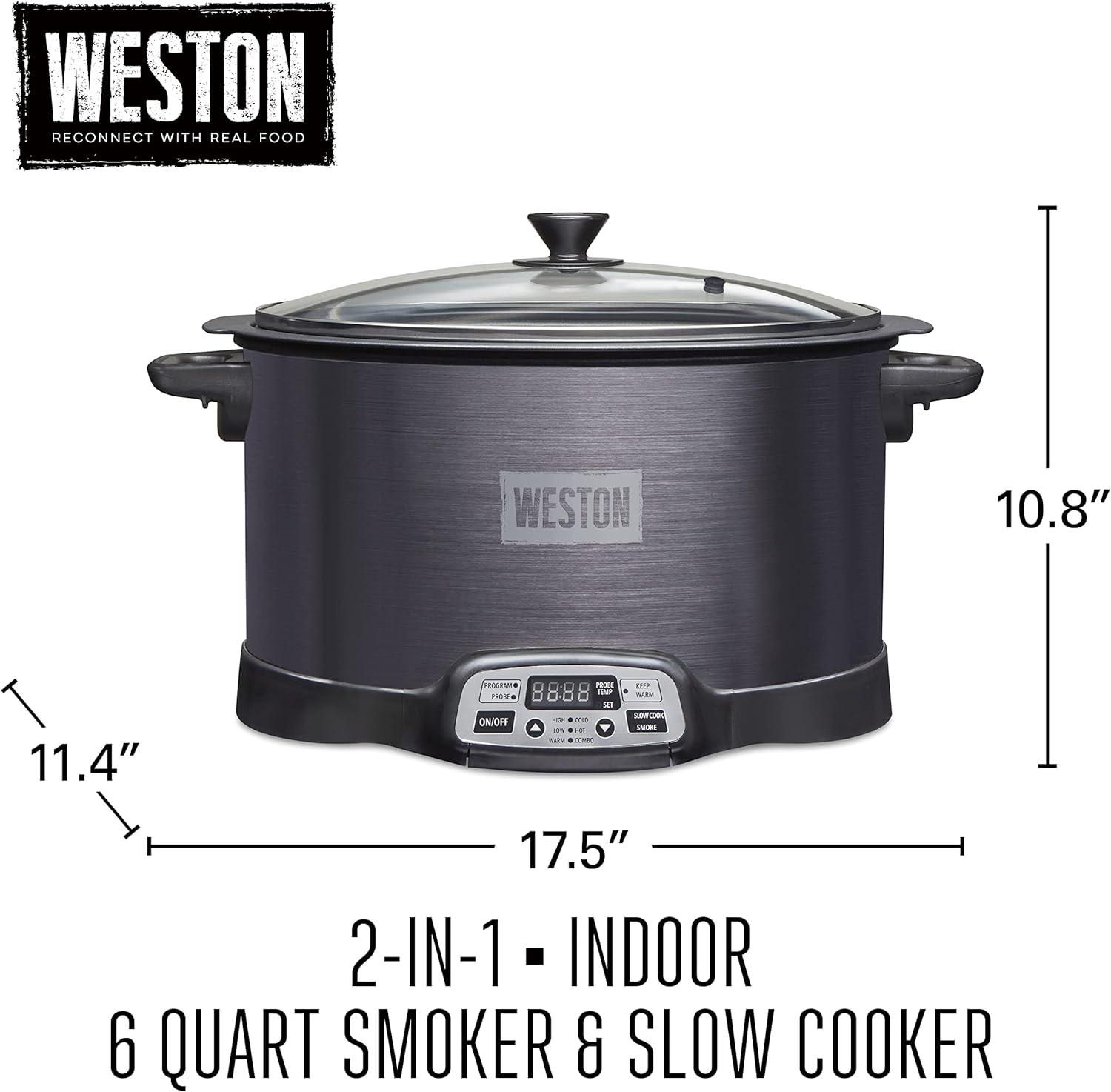 imageWESTON 2in1 Programmable Slow Cooker amp Electric Indoor Smoker 6 Quart 3Tier Smoking Rack for Meat Cheese and More Dishwasher Safe Crock Temperature Probe Includes 16 oz Party Dipper BlackBlack No Party Dipper