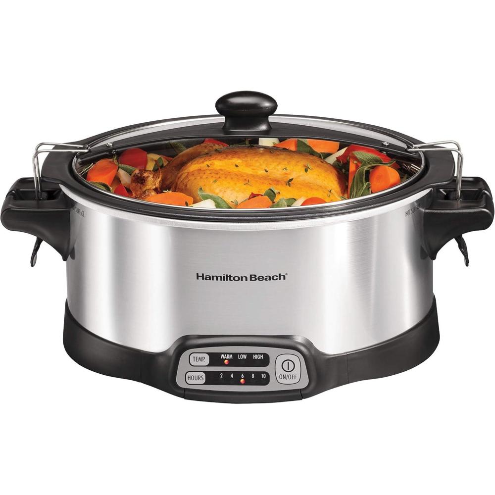 imageHamilton Beach 33662 Programmable Slow Cooker with 6 Quart StovetopSafe Sear amp Cook Crock SilverStovetopSafe Sear Cook Crock Travel Lid Lock for Portable Transport