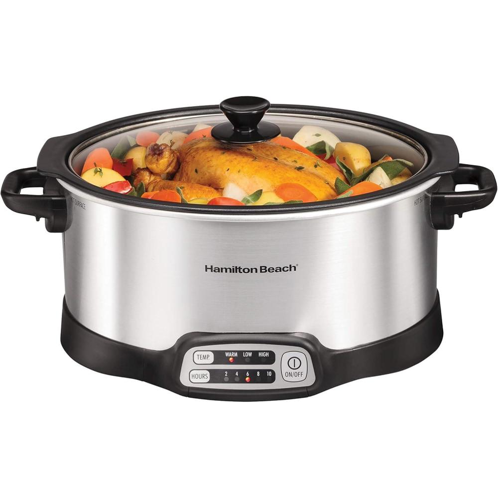 imageHamilton Beach 33662 Programmable Slow Cooker with 6 Quart StovetopSafe Sear amp Cook Crock SilverStovetopSafe Sear Cook Crock