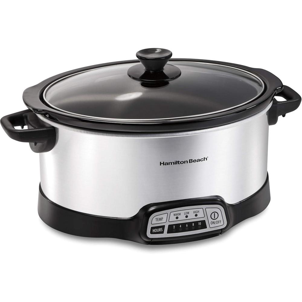 imageHamilton Beach 4 Quart Programmable Slow Cooker with Flexible Easy Programming 5 Cooking Times DishwasherSafe Crock amp Lid Silver 334437 Quarts