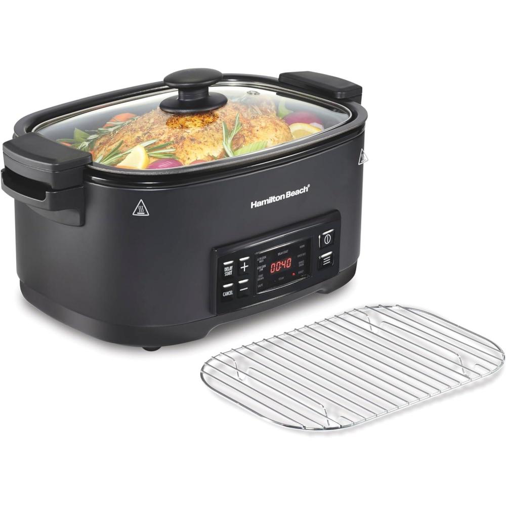 imageHamilton Beach 6 Quart 9in1 Programmable Slow Cooker with Sear Browning Rice Steam Saut Roast Delay Start amp Keep Warm Functions Nonstick PFASFree Dishwasher Safe Crock Black 33604