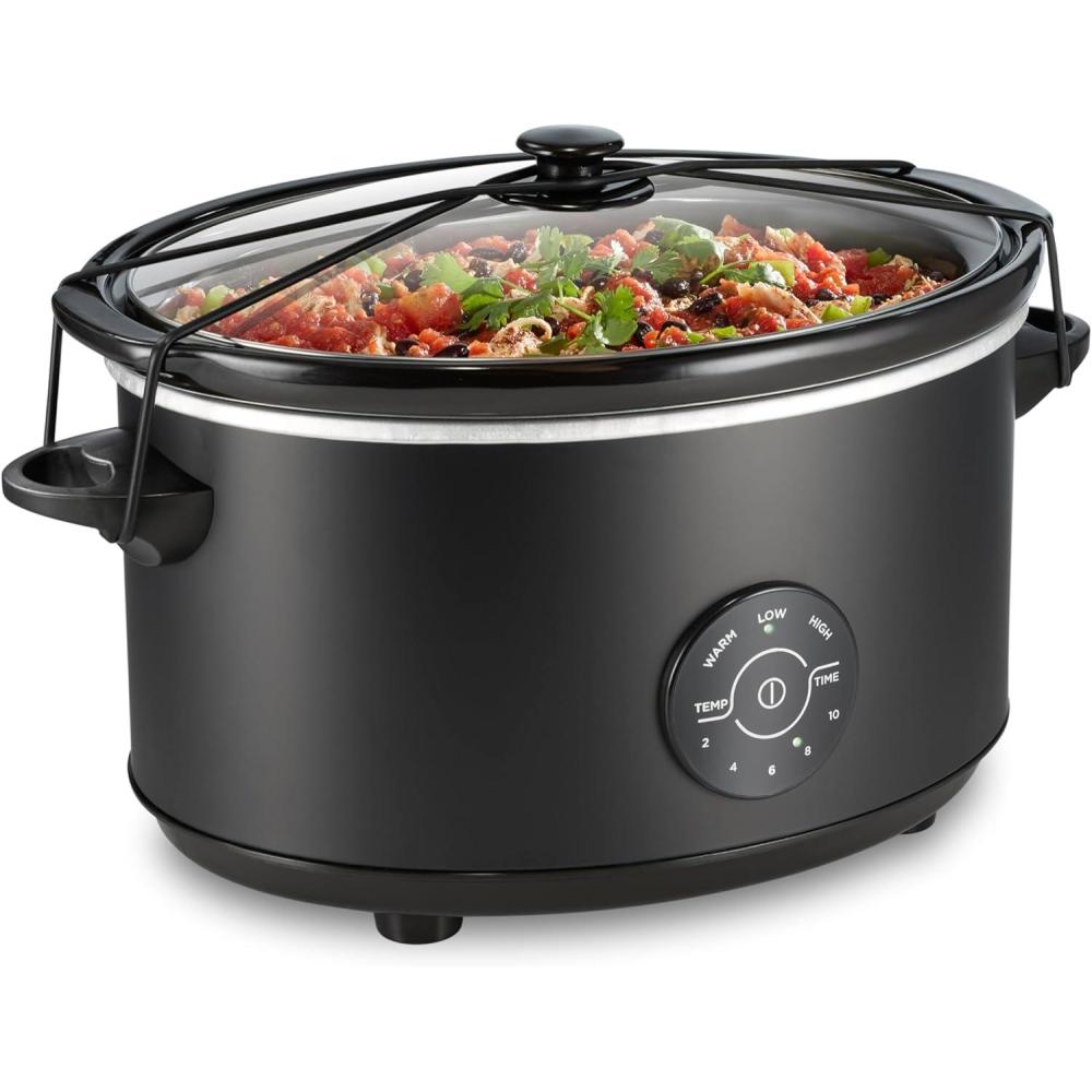 imageHamilton Beach 6 Quart Set amp Forget Programmable Slow Cooker with Defrost Function Flexible Programming Adjustable Countdown Timer Large Dishwasher Safe Stoneware Crock and Glass Lid Black 337657 Quarts 15 Cooking Options Lid Latch Black