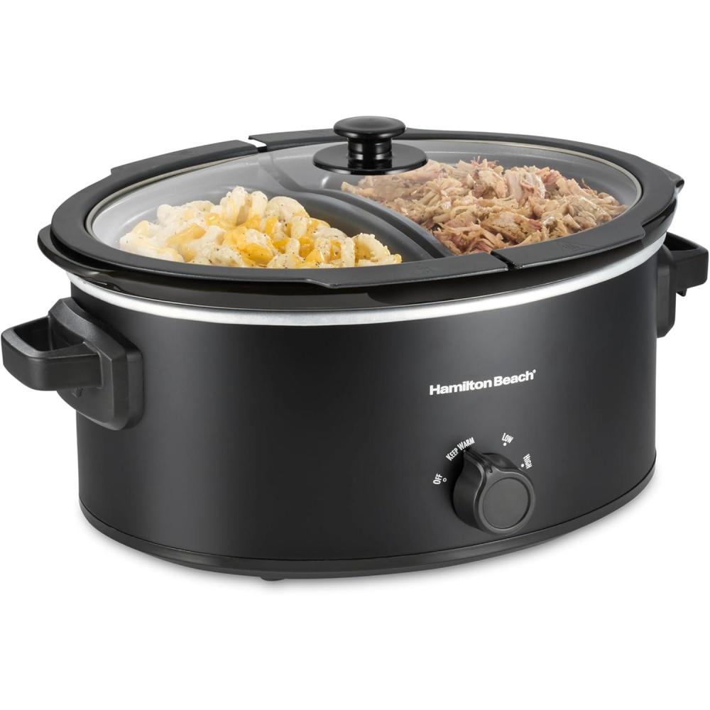 imageHamilton Beach 6 Quart Slow Cooker with SpaceSaving Folding Handles 3 Heat Settings Dishwasher Safe Stoneware Crock and Glass Lid Black 33664Black Double Dish
