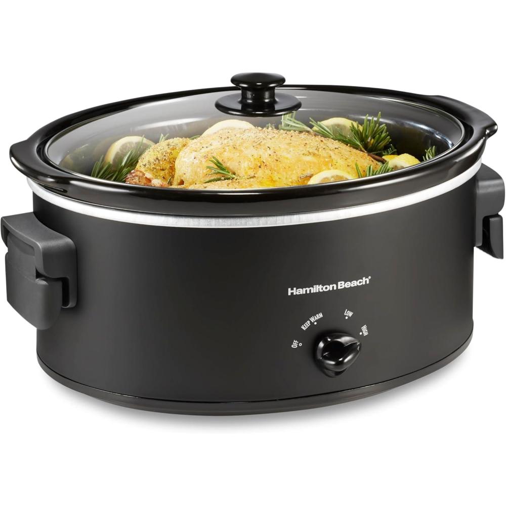 imageHamilton Beach 6 Quart Slow Cooker with SpaceSaving Folding Handles 3 Heat Settings Dishwasher Safe Stoneware Crock and Glass Lid Black 33664Black Space Saving Folding Handles