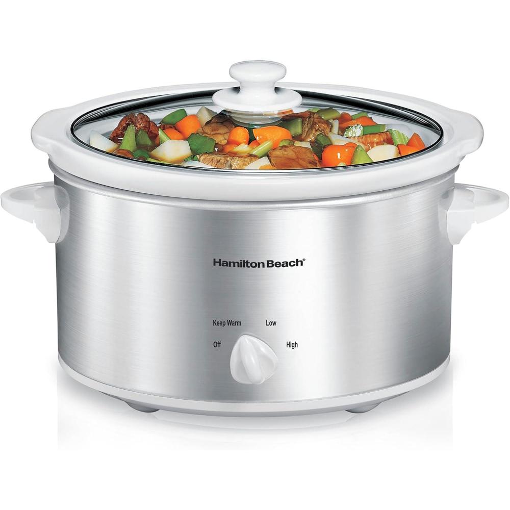 imageHamilton Beach 6Quart Slow Cooker with 3 Cooking Settings DishwasherSafe Stoneware Crock amp Glass Lid Silver 33665GSilver White
