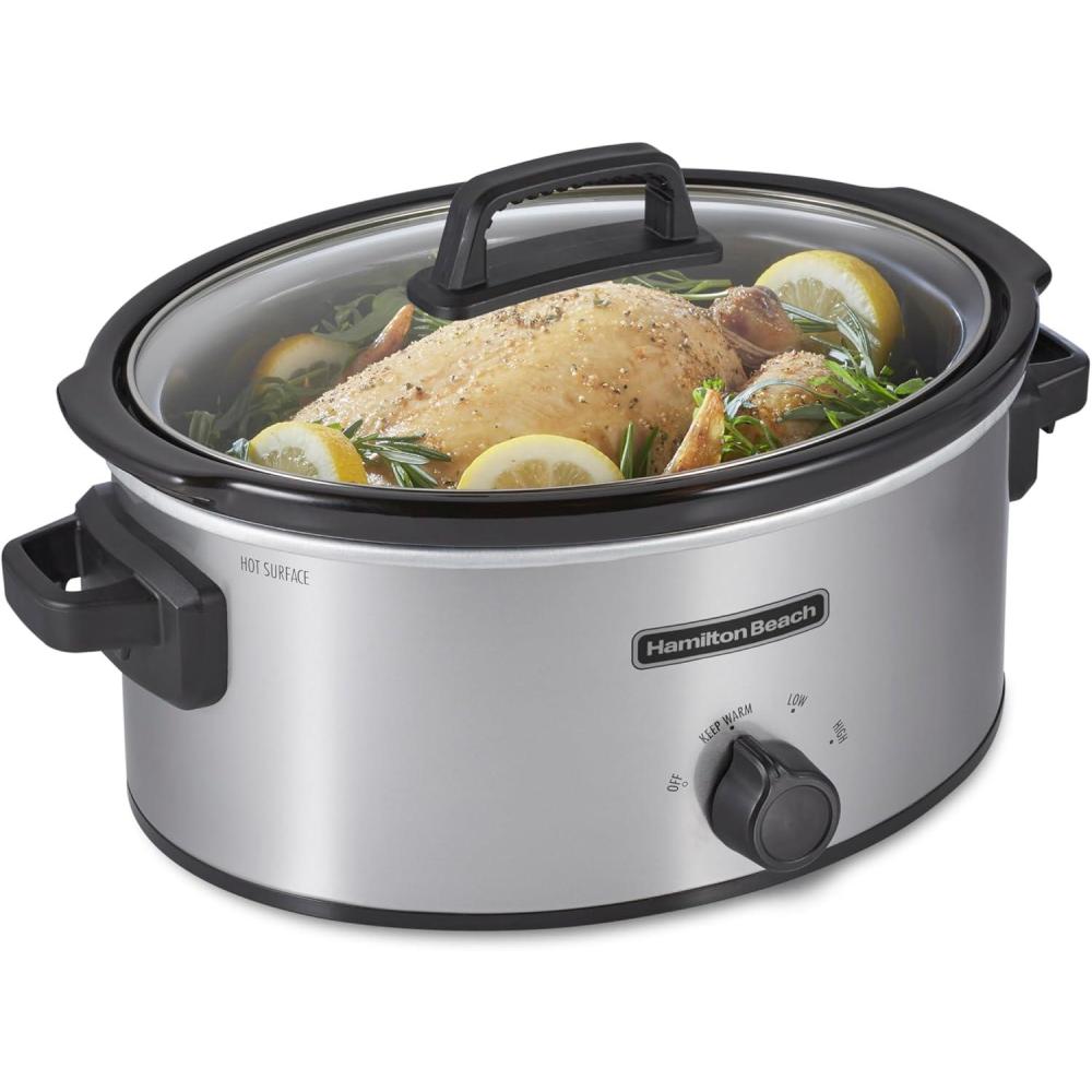 imageHamilton Beach 6Quart Slow Cooker with 3 Cooking Settings DishwasherSafe Stoneware Crock amp Glass Lid Silver 33665GSilver