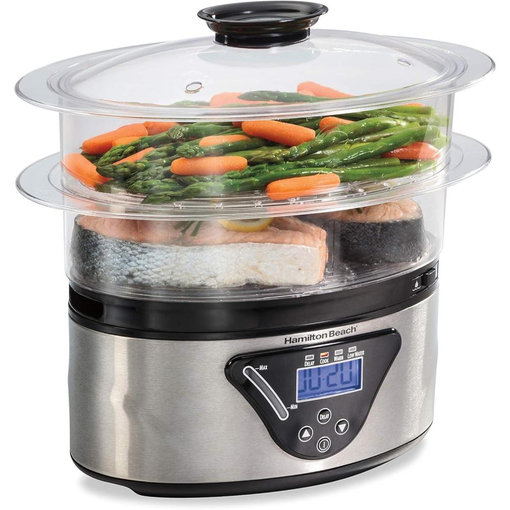 imageHamilton Beach Digital Electric Food Steamer amp Rice Cooker for Quick Healthy Cooking for Vegetables and Seafood Stackable TwoTier Bowls 55 Quart Black amp Stainless SteelBlack Stainless Steel