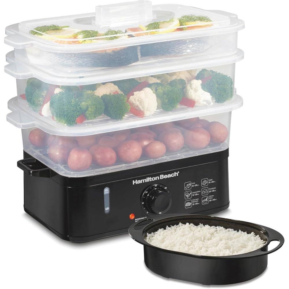 imageHamilton Beach Electric Food Steamer Rice Cooker amp Egg Boiler for Quick Fast Healthy Cooking with Stackable ThreeTier Bowls for Vegetables and Seafood 95 Quarts Auto Shutoff Black 37430