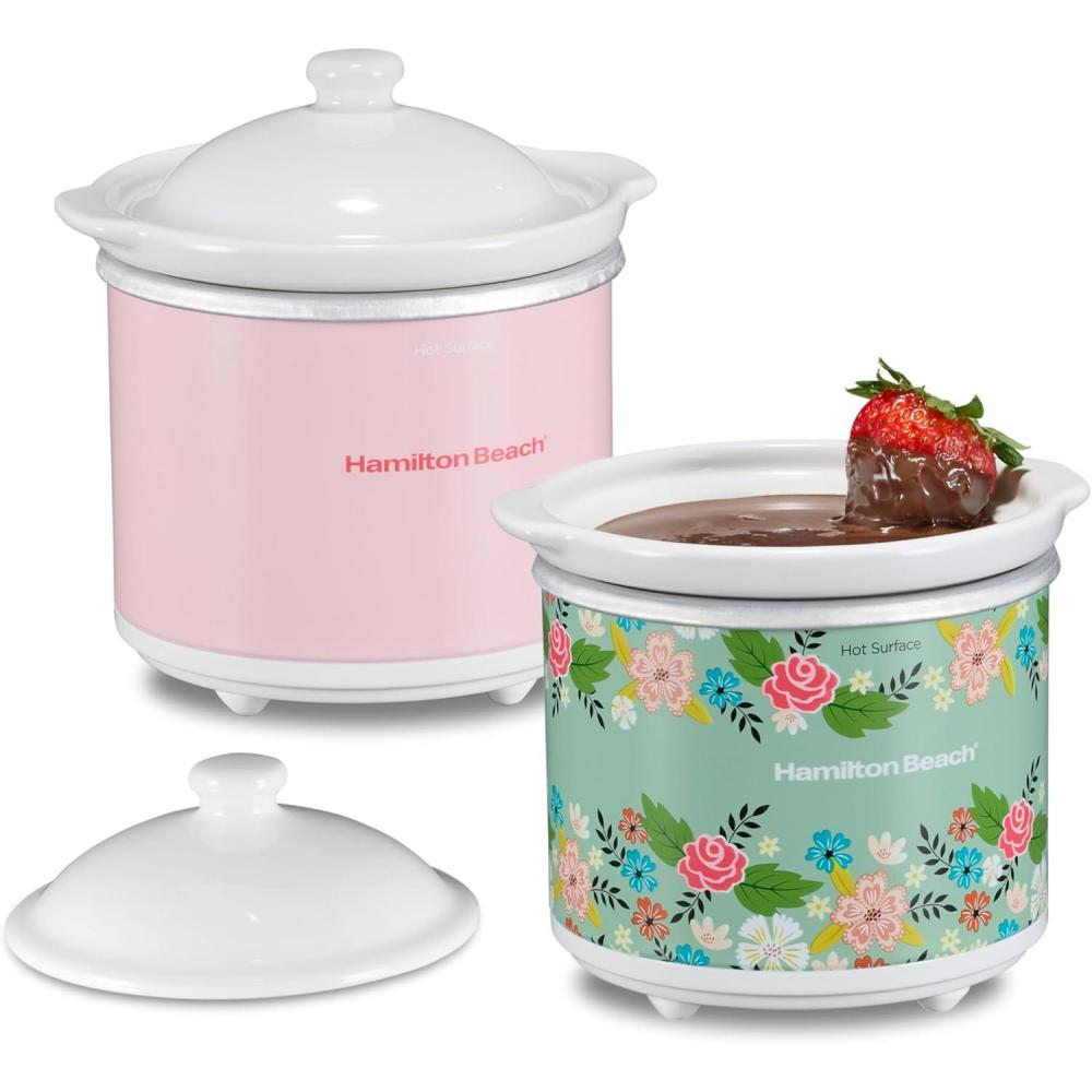 imageHamilton Beach Party Dipper Electric Food Warmer Twin Pack Great for Entertaining and Gifts 20 oz Capacity For Desserts Dips Sauces Cheeses Solid Pink and Colorful Floral Print 33102