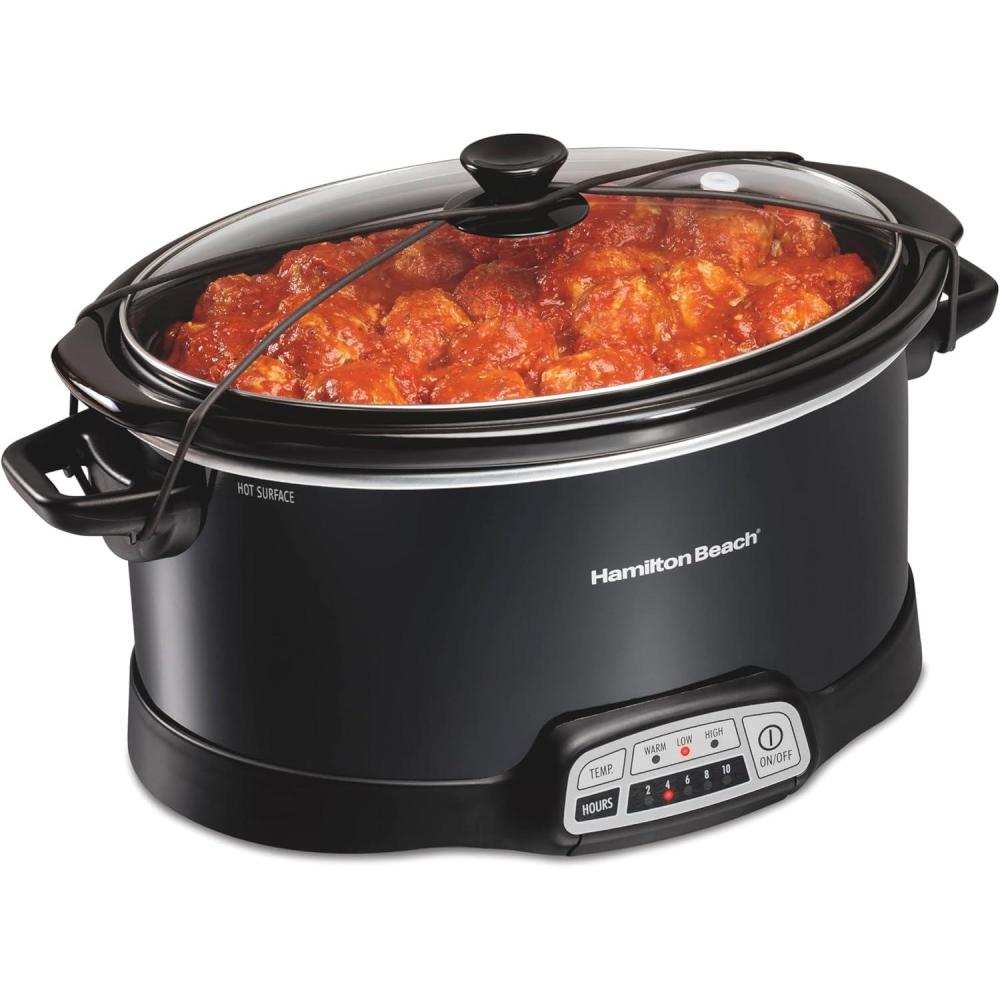imageHamilton Beach Portable 7 Quart Programmable Slow Cooker with Three Temperature Settings Lid Latch Strap for Easy Travel Dishwasher Safe Crock Black 33474GLid Latch Strap for Easy Travel Black