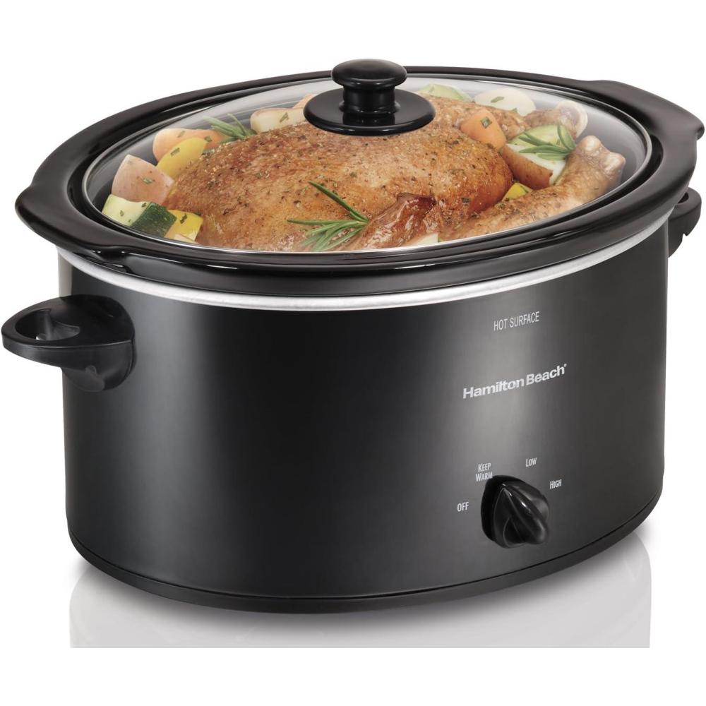 imageHamilton Beach Slow Cooker with 3 Cooking Settings DishwasherSafe Stoneware Crock amp Glass 8Quart BuiltIn Lid Rest BlackBlack