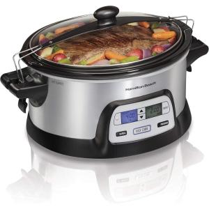 Hamilton Beach 33861 Portable Programmable Slow Cooker, Dishwasher Safe Crock, 6 Qt, FlexCook Dual Digital Timer/2 Heat Settings, Lid Lock for Easy Travel, Silver