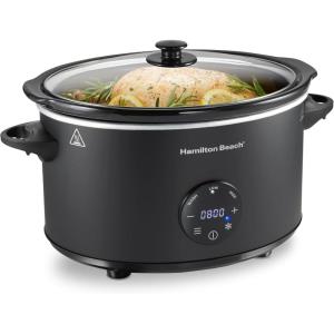 Hamilton Beach 6 Quart Set & Forget Programmable Slow Cooker with Defrost Function, Flexible Programming, Adjustable Countdown Timer, Large Dishwasher Safe Stoneware Crock and Glass Lid, Black (33765)(6 Quarts  Flexible Programming  Black)
