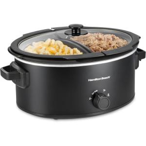 Hamilton Beach 6 Quart Slow Cooker with Space-Saving Folding Handles, 3 Heat Settings, Dishwasher Safe Stoneware Crock and Glass Lid, Black (33664)(Black – Double Dish)