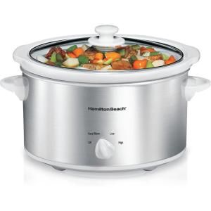 Hamilton Beach 6-Quart Slow Cooker with 3 Cooking Settings, Dishwasher-Safe Stoneware Crock & Glass Lid, Silver (33665G)(Silver & White)