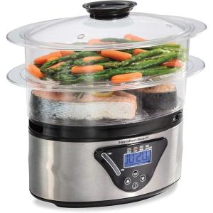 Hamilton Beach Digital Electric Food Steamer & Rice Cooker for Quick, Healthy Cooking for Vegetables and Seafood, Stackable Two-Tier Bowls, 5.5 Quart, Black & Stainless Steel(Black & Stainless Steel)