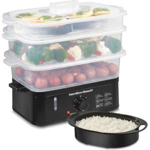 Hamilton Beach Electric Food Steamer, Rice Cooker & Egg Boiler for Quick, Fast Healthy Cooking with Stackable Three-Tier Bowls for Vegetables and Seafood, 9.5 Quarts, Auto Shutoff, Black (37430)