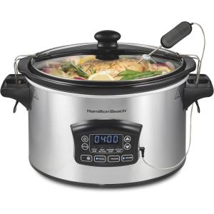 Hamilton Beach Portable 6 Quart Set & Forget Digital Programmable Slow Cooker with Lid Lock, Temperature Probe & Defrost Setting, Dishwasher Safe Crock & Lid, Silver (33869)(Defrost  Silver)
