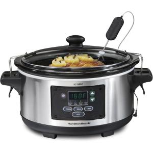 Hamilton Beach Portable 6 Quart Set & Forget Digital Programmable Slow Cooker with Lid Lock, Temperature Probe & Defrost Setting, Dishwasher Safe Crock & Lid, Silver (33869)(Set & Forget  Stainless Steel)