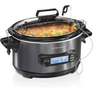 Hamilton Beach Portable 6 Quart Set & Forget Digital Programmable Slow Cooker with Lid Lock, Temperature Probe & Defrost Setting, Dishwasher Safe Crock & Lid, Silver (33869)(Temp Tracker  Black Stainless)
