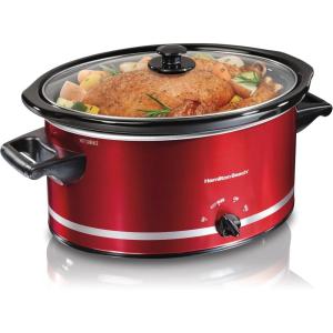 Hamilton Beach Slow Cooker with 3 Cooking Settings, Dishwasher-Safe Stoneware Crock & Glass, 8-Quart Built-In Lid Rest, Black(Red)