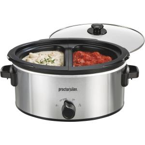 Proctor Silex Double Dish Slow Cooker with 6qt Crock and Dual 2.5qt Nonstick Insert to Cook Two Meals at Once, Dishwasher Safe Pot & Lid, Silver (33563)