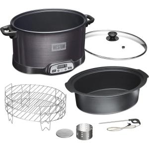 WESTON 2-in-1 Programmable Slow Cooker & Electric Indoor Smoker, 6 Quart, 3-Tier Smoking Rack for Meat, Cheese and More, Dishwasher Safe Crock, Temperature Probe, Includes 16 oz. Party Dipper, Black(Black (No Party Dipper))