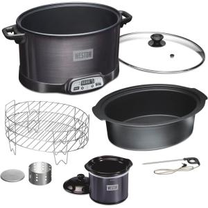 WESTON 2-in-1 Programmable Slow Cooker & Electric Indoor Smoker, 6 Quart, 3-Tier Smoking Rack for Meat, Cheese and More, Dishwasher Safe Crock, Temperature Probe, Includes 16 oz. Party Dipper, Black(Black (With Party Dipper))
