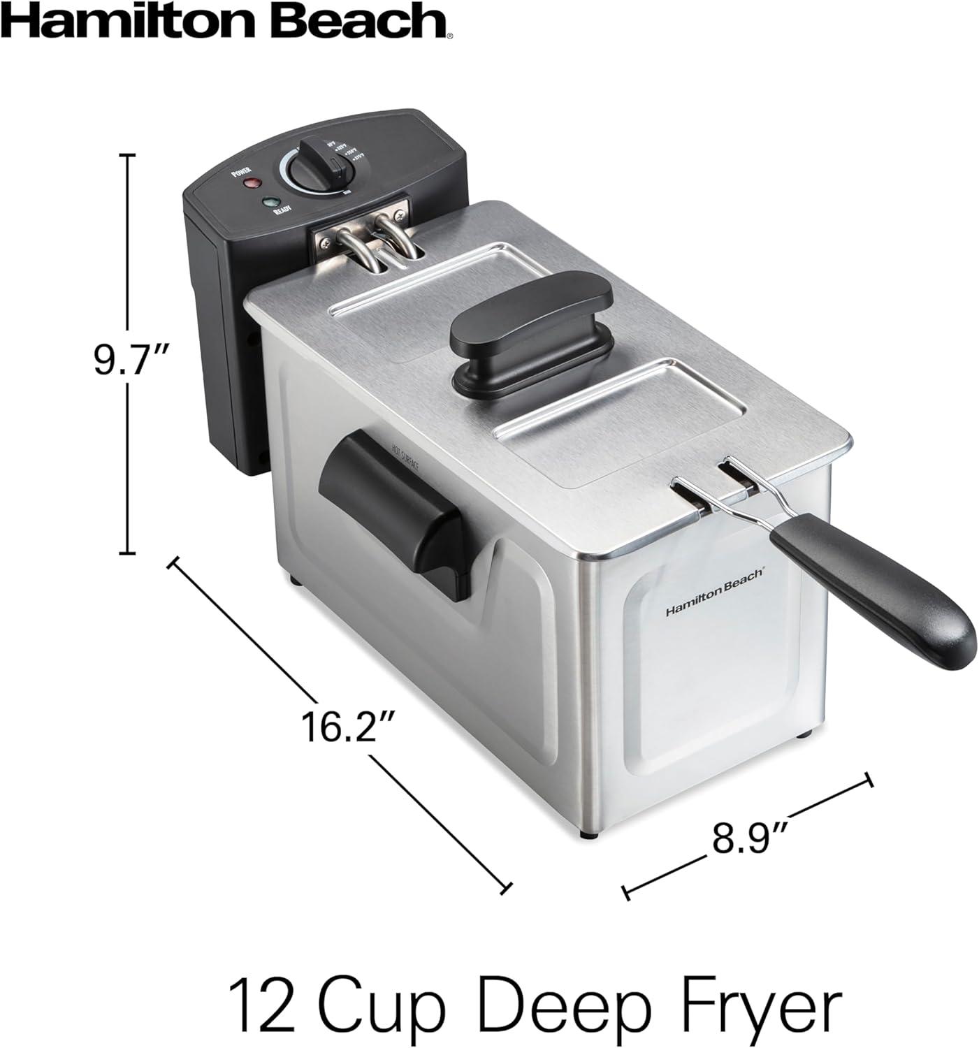 imageHamilton Beach 35032 Professional Style Electric Deep Fryer Frying Basket with Hooks 1500 Watts 3 Liters Stainless Steel