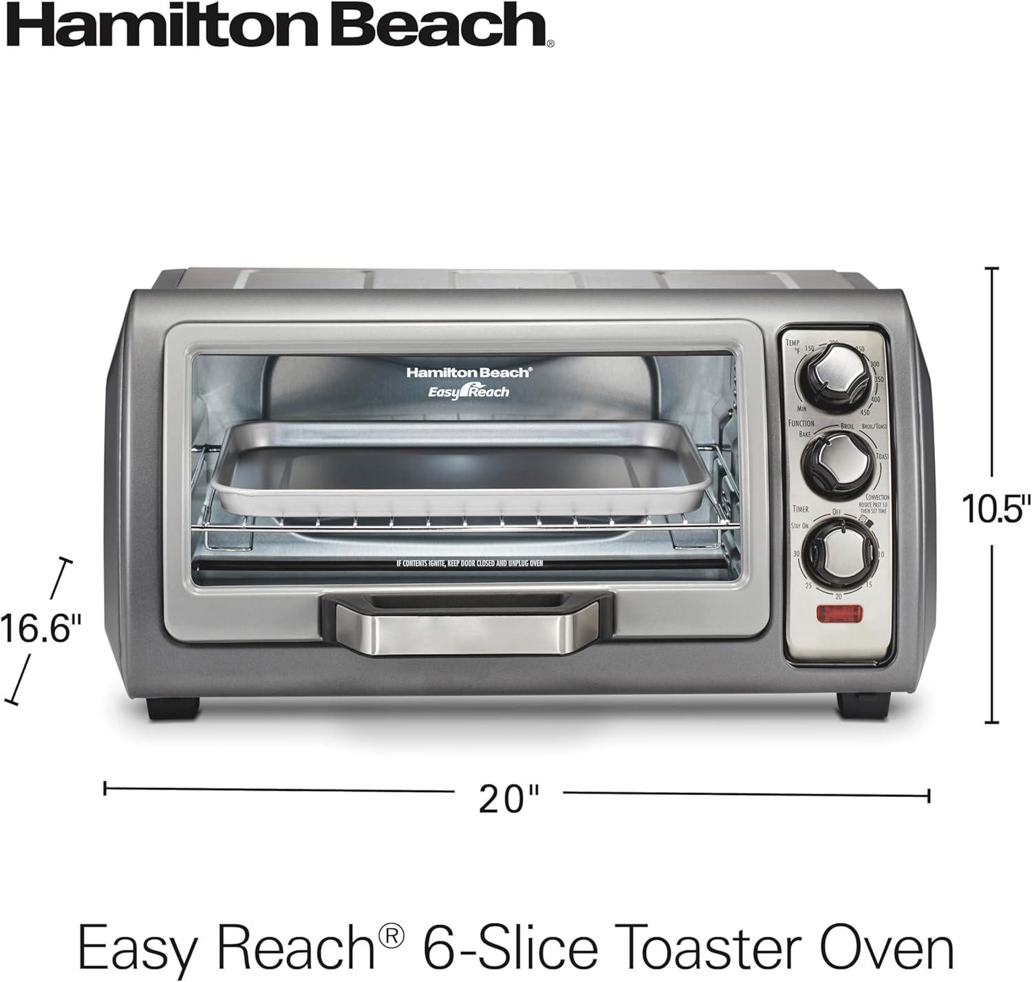imageHamilton Beach 6 Slice Countertop Toaster Oven With Easy Reach RollTop Door Bake Broil amp Toast Functions Auto Shutoff Silver 31127D6 Slice Convection Toaster Oven