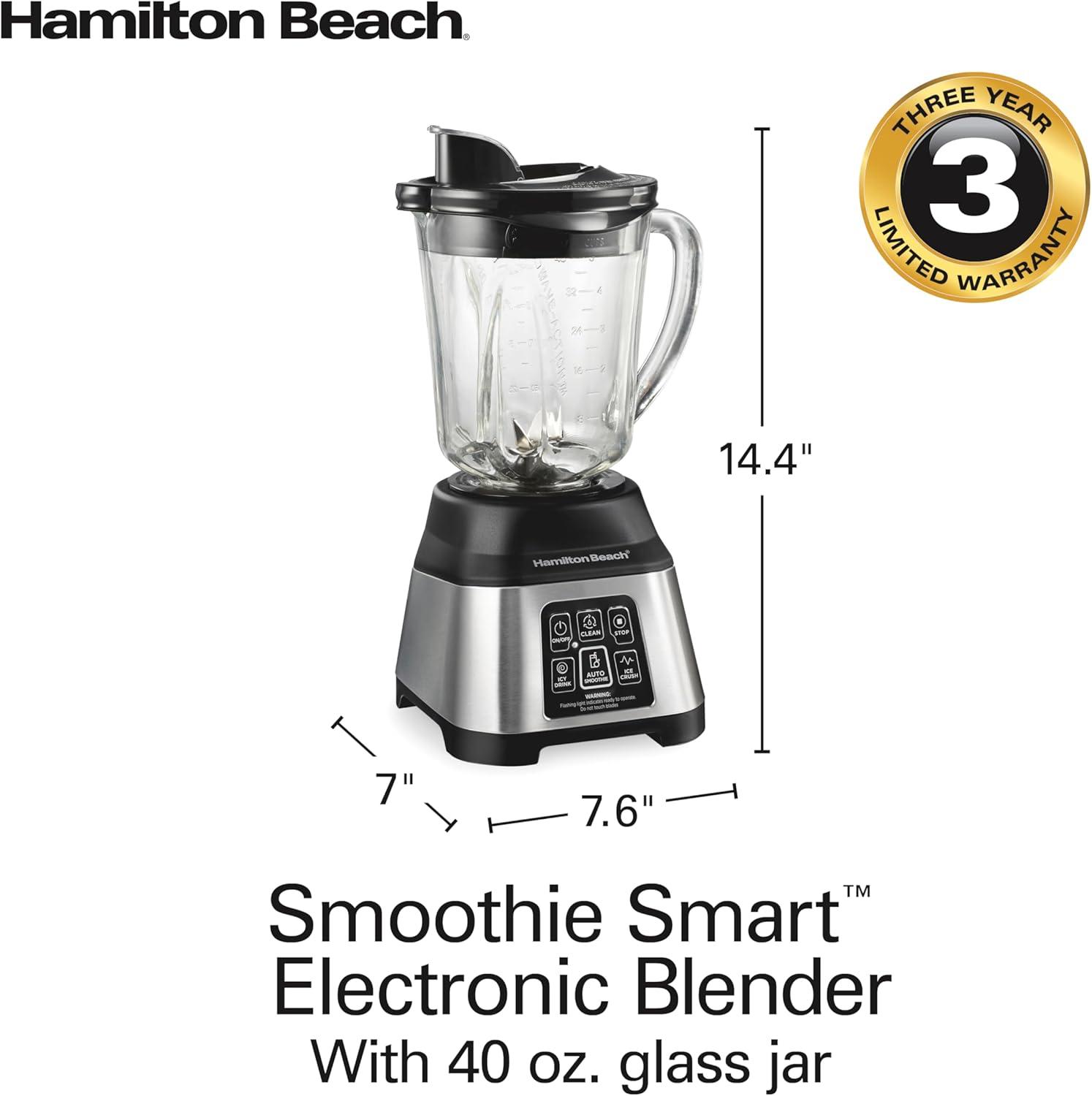 imageHamilton Beach Blender for Smoothies with 5 Functions Including Auto Smoothie Cycle Wave Action System for Ultra Smooth Results 850 Watts 40oz BPA Free Glass Jar Stainless Steel 56208Stainless Steel