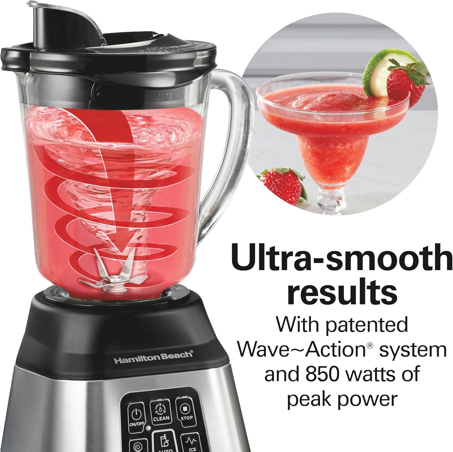imageHamilton Beach Blender for Smoothies with 5 Functions Including Auto Smoothie Cycle Wave Action System for Ultra Smooth Results 850 Watts 40oz BPA Free Glass Jar Stainless Steel 56208Stainless Steel