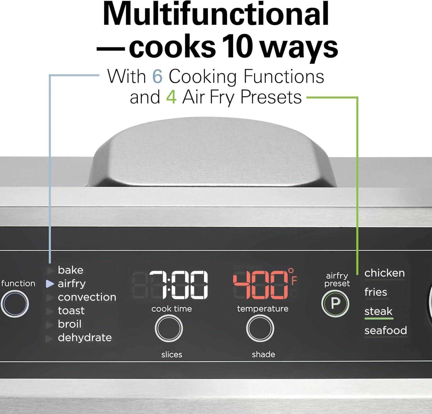 imageHamilton Beach Digital Air Fryer Toaster Oven Combo 10 Ways to Cook 4 Preset Functions Stay On amp 1800 Watts LED CapacitiveTouch Controls 2 Rack Positions Fits 12 Pizza Black amp Stainless Steel
