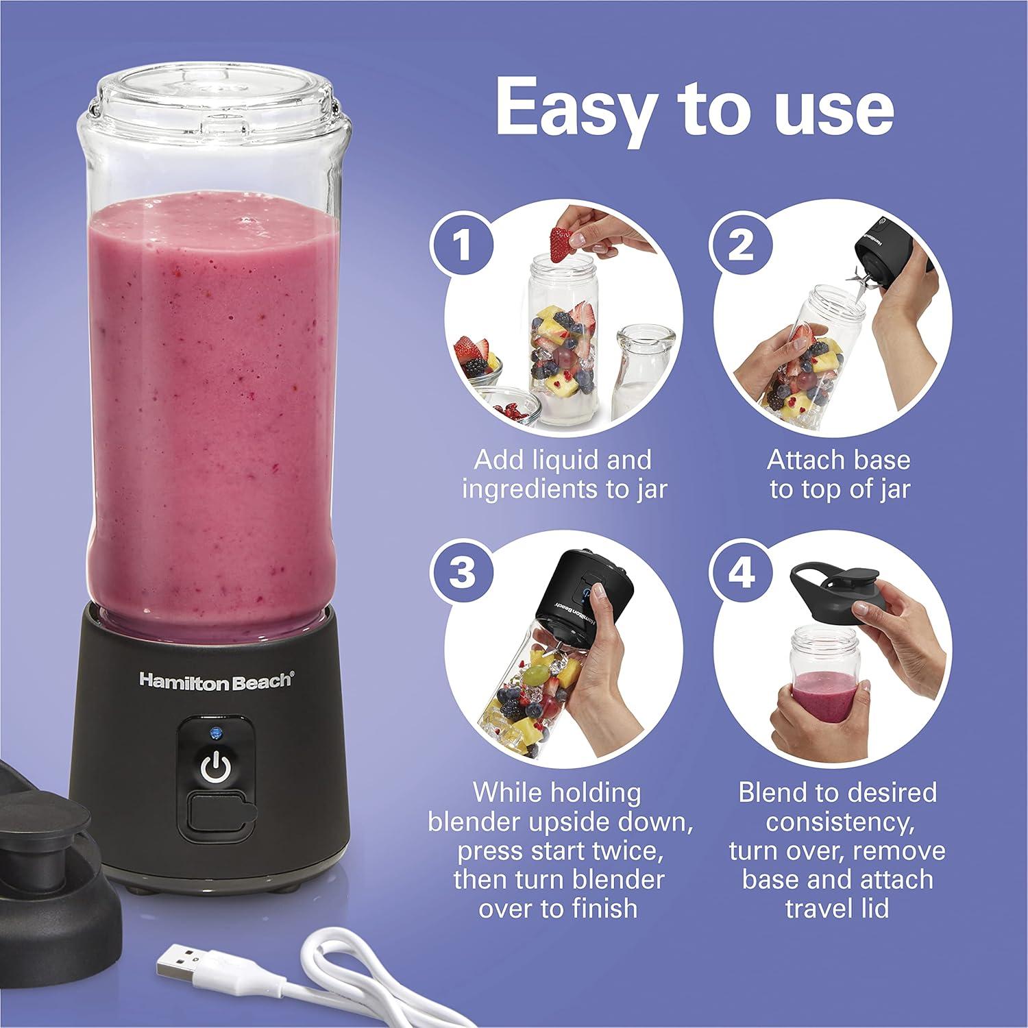 imageHamilton Beach Mini Cordless Portable Personal Blender for Shakes and Smoothies USB Rechargeable 16 oz Jar with Leakproof Travel Lid 6 Stainless Steel Blades Blue 51182Black