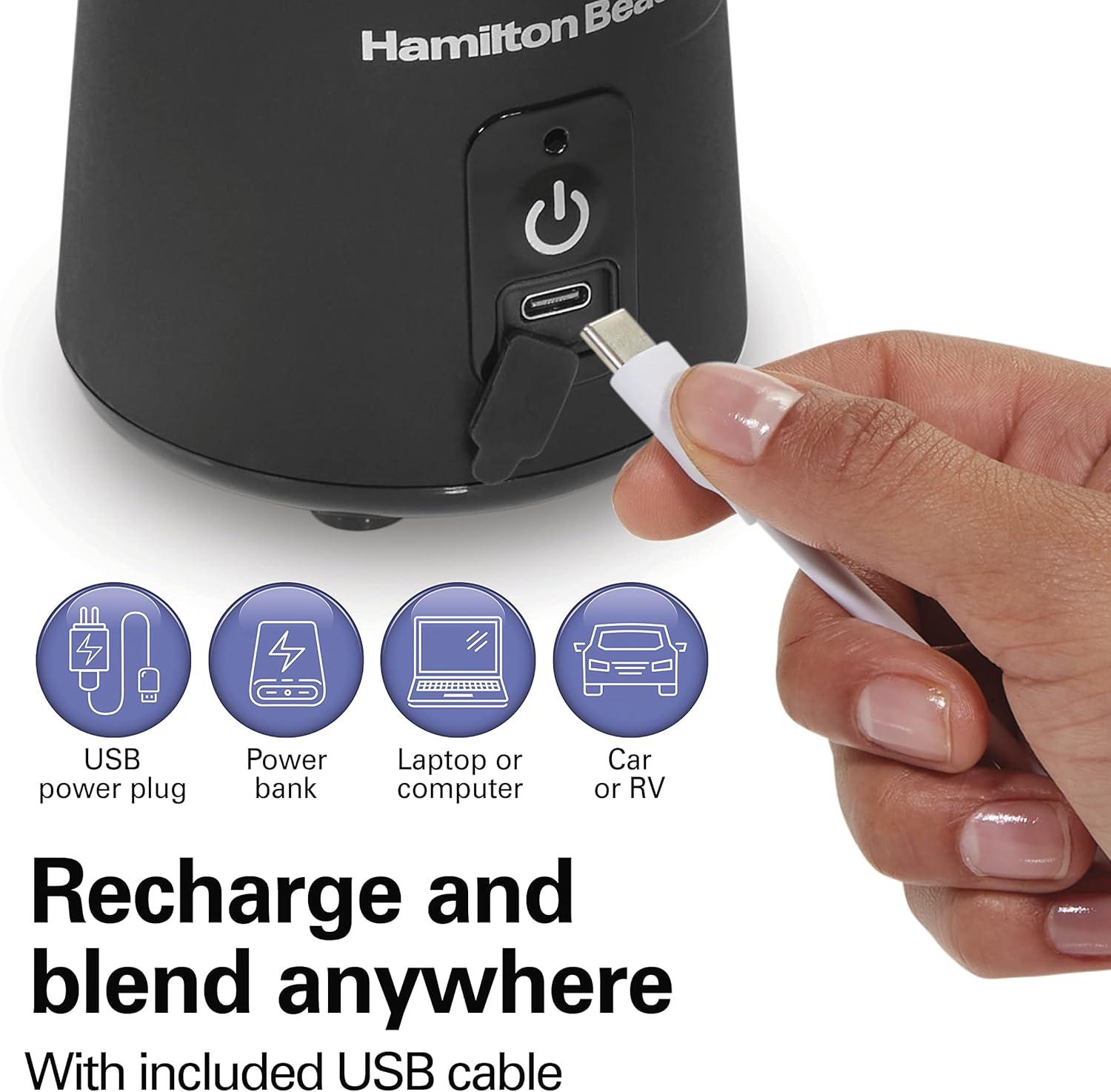 imageHamilton Beach Mini Cordless Portable Personal Blender for Shakes and Smoothies USB Rechargeable 16 oz Jar with Leakproof Travel Lid 6 Stainless Steel Blades Blue 51182Black
