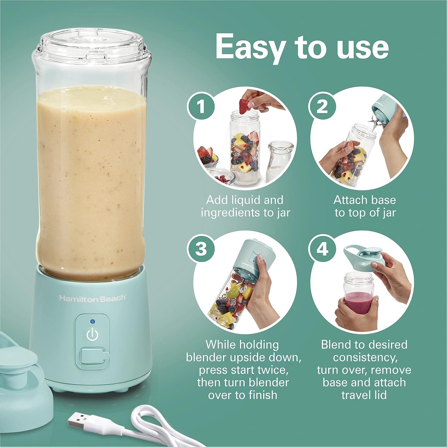 imageHamilton Beach Mini Cordless Portable Personal Blender for Shakes and Smoothies USB Rechargeable 16 oz Jar with Leakproof Travel Lid 6 Stainless Steel Blades Blue 51182Blue