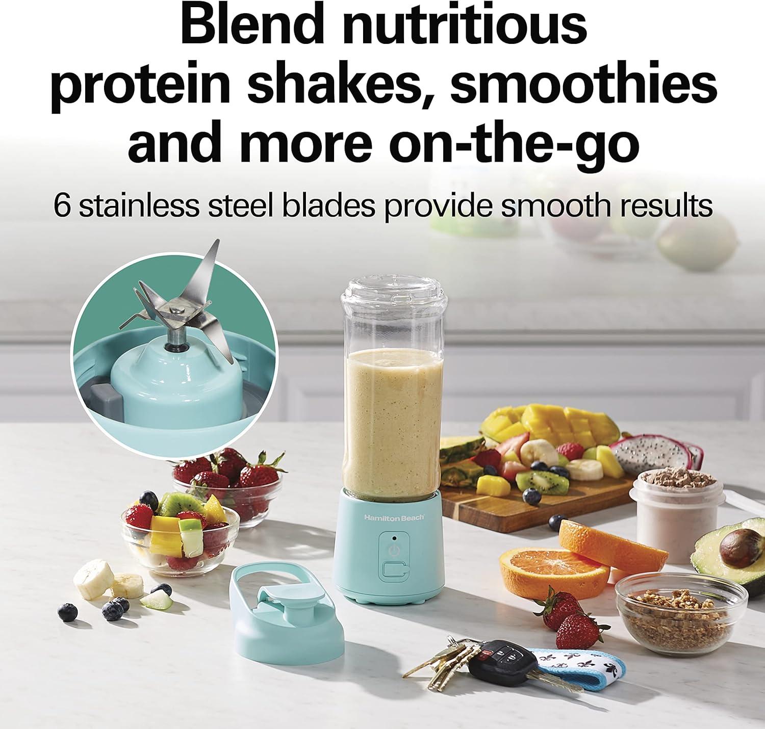 imageHamilton Beach Mini Cordless Portable Personal Blender for Shakes and Smoothies USB Rechargeable 16 oz Jar with Leakproof Travel Lid 6 Stainless Steel Blades Blue 51182Blue