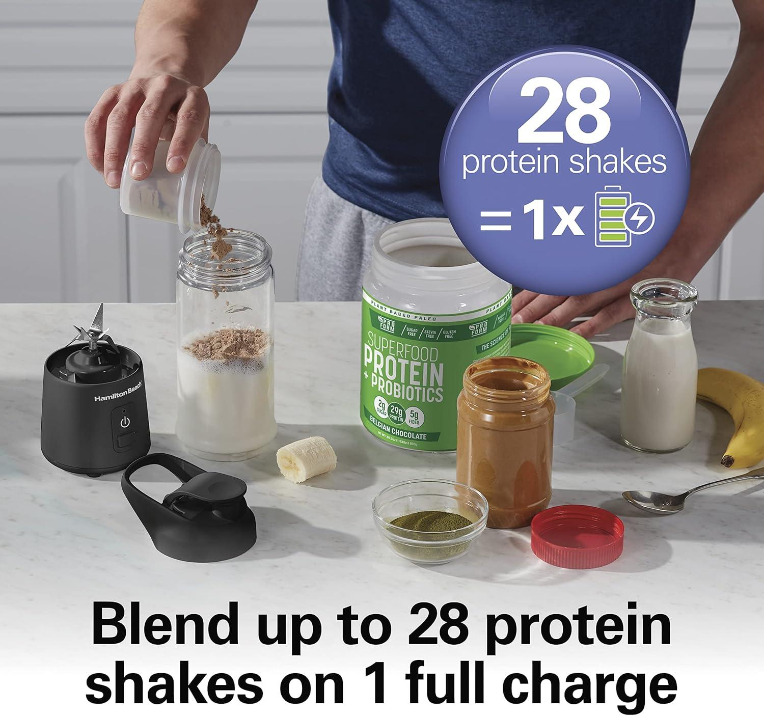 imageHamilton Beach Mini Cordless Portable Personal Blender for Shakes and Smoothies USB Rechargeable 16 oz Jar with Leakproof Travel Lid 6 Stainless Steel Blades Blue 51182Black