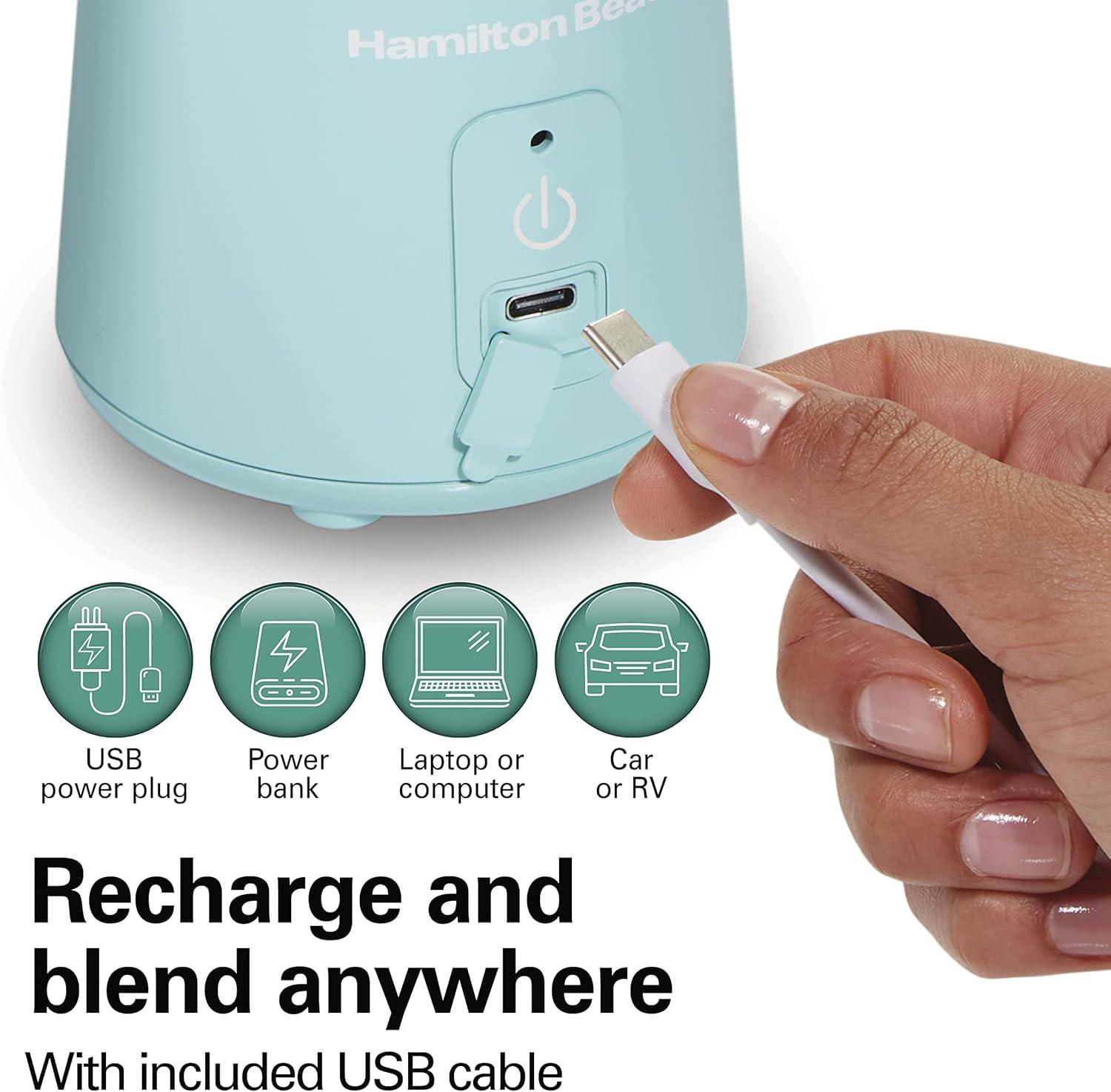 imageHamilton Beach Mini Cordless Portable Personal Blender for Shakes and Smoothies USB Rechargeable 16 oz Jar with Leakproof Travel Lid 6 Stainless Steel Blades Blue 51182Blue