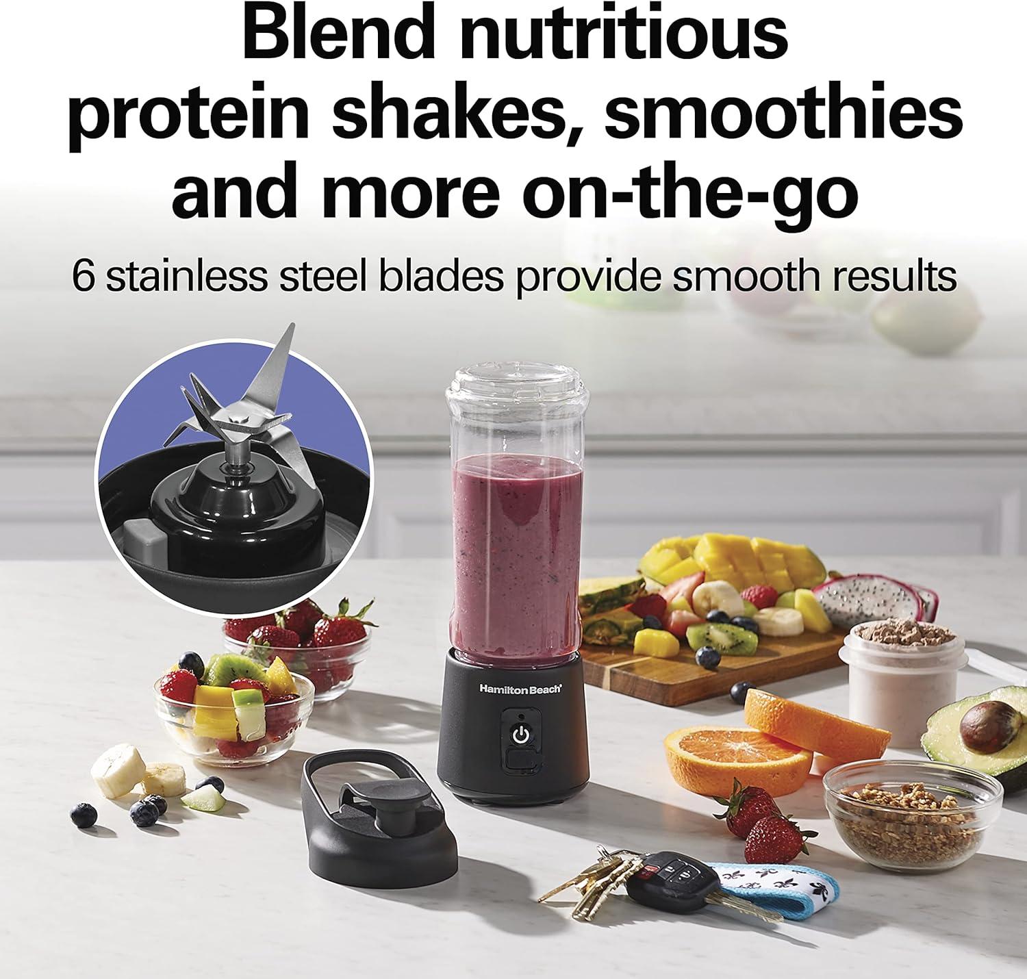imageHamilton Beach Mini Cordless Portable Personal Blender for Shakes and Smoothies USB Rechargeable 16 oz Jar with Leakproof Travel Lid 6 Stainless Steel Blades Blue 51182Black