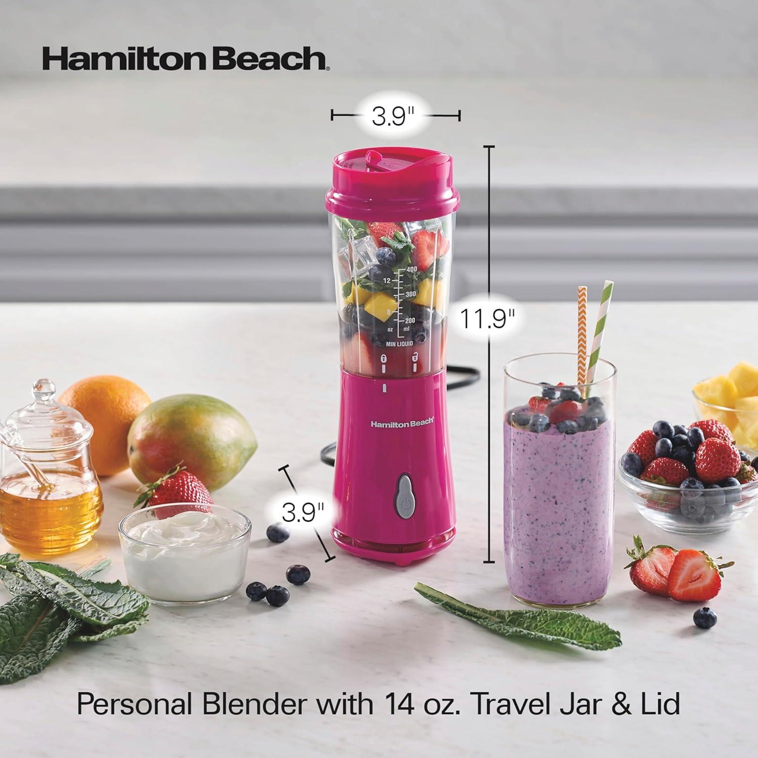 imageHamilton Beach Portable Blender for Shakes and Smoothies 14 Oz BPA Free Travel Cup amp Lid Durable Stainless Steel Blades Personal Smoothie Blender Blue 51132GRaspberry