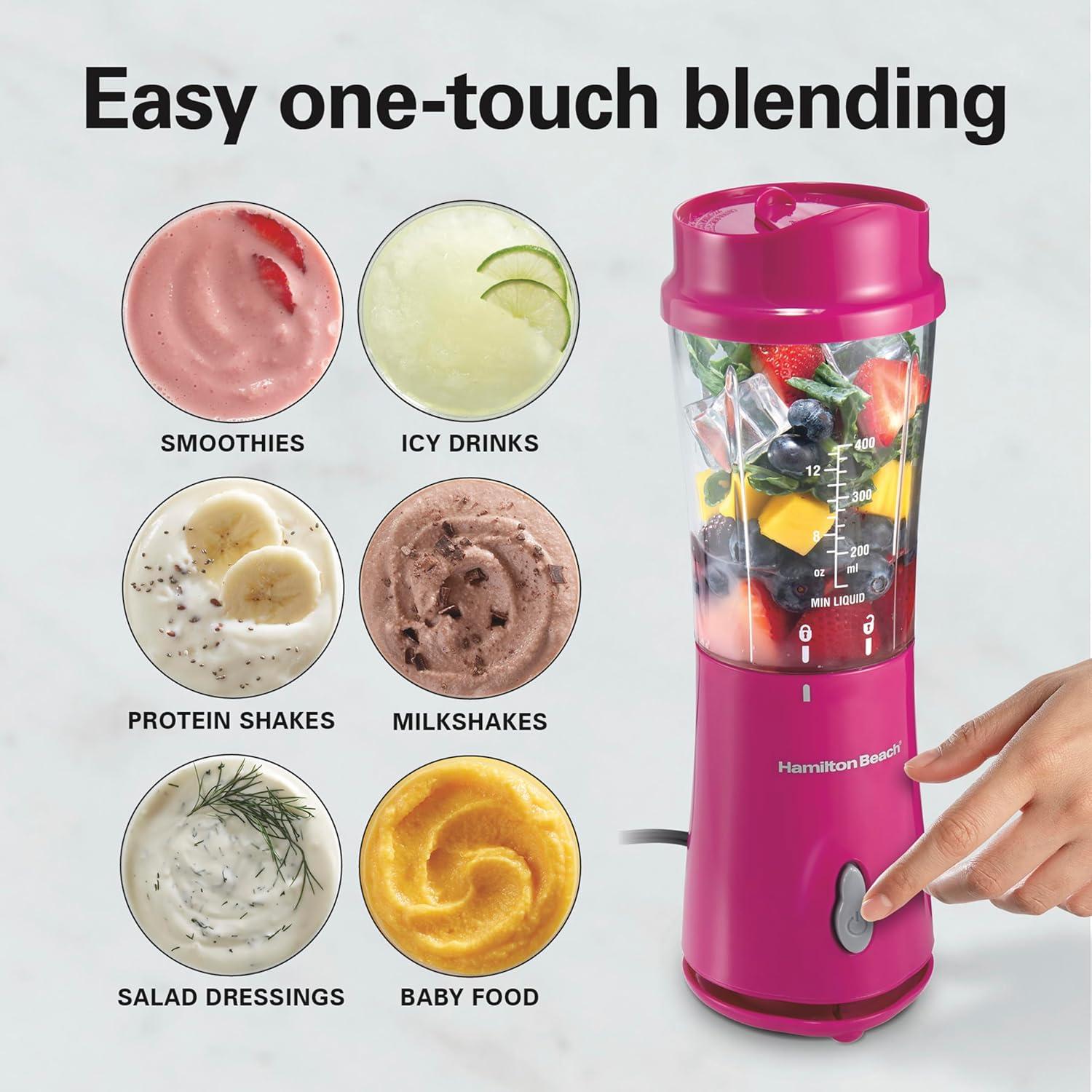 imageHamilton Beach Portable Blender for Shakes and Smoothies 14 Oz BPA Free Travel Cup amp Lid Durable Stainless Steel Blades Personal Smoothie Blender Blue 51132GRaspberry