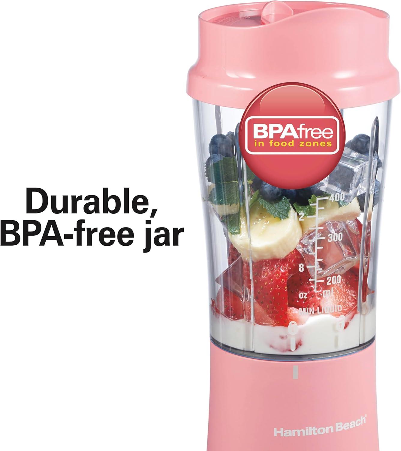 imageHamilton Beach Portable for Shakes and Smoothies 14 Oz BPA Free Travel Cup amp Lid Durable Stainless Steel Blades Personal Smoothie Black 51101AGCoral